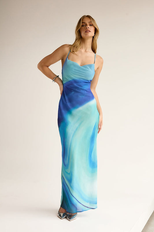 Stella™ - Robe Longue Recyclée Nixie - Imprimé Bleu Parfaitement Unique